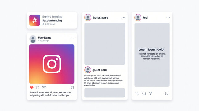 Instagram mockup social media template with Instagram mobile screen feed, Instagram post frame, Instagram story layout, Reels interface, trending hashtags, profile components and social network UI.