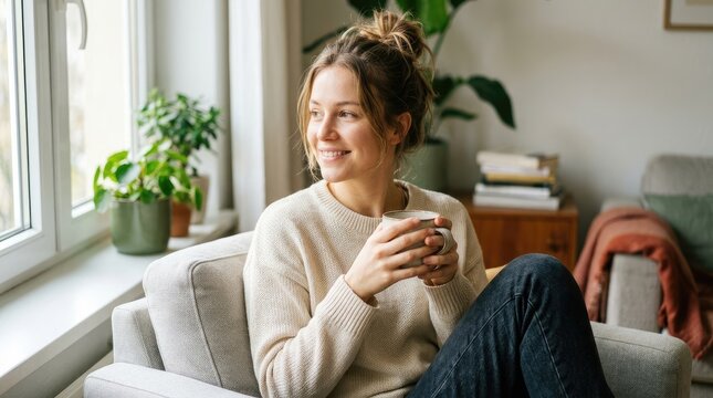 A young woman sits in a comfortable armchair by a window, holding a mug and gazing thoughtfully out. She has a relaxed and peaceful expression, with a gentle smile.