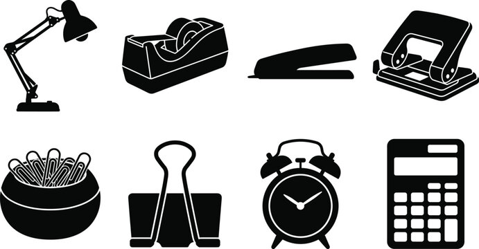 Black silhouettes vector icon set of office stationery items including desk lamp stapler calculator and paperclips