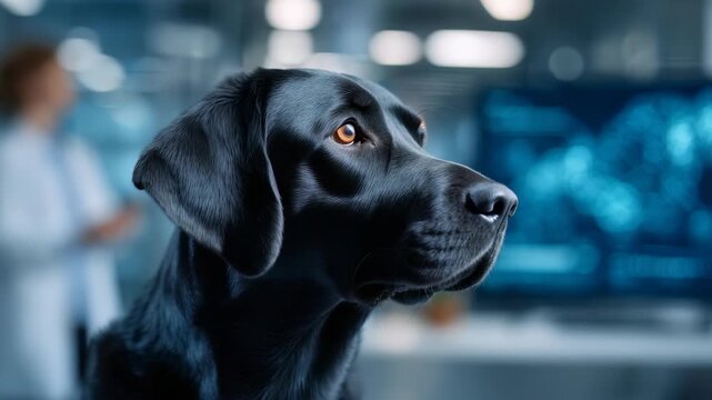 A smart black Labrador sits attentively in a high tech laboratory, representing innovation and research. The futuristic setting highlights the connection between animals and modern science