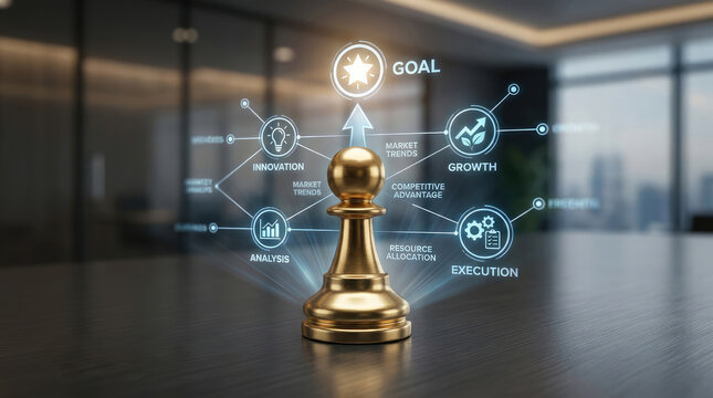 A golden chess pawn rests on a dark wooden surface, overlaid with a digital graphic showcasing a strategic approach to market growth.