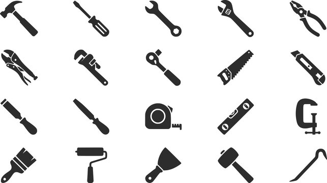 Hand Tools Silhouette Icon Set, Construction and DIY Vector Illustration