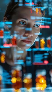 A woman in a lab coat interacts with transparent digital screens displaying complex data and molecular structures. The scene highlights modern science, innovation, and technological progress
