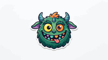 Fototapeta premium Cute Cartoon Green Furry Monster Sticker with Horns and Three Eyes
