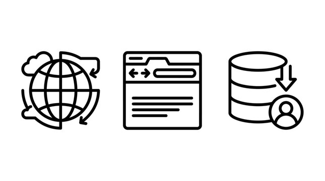 Global networking and data management web icons with networking database management connection internet information transfer communication download administration technology interface
