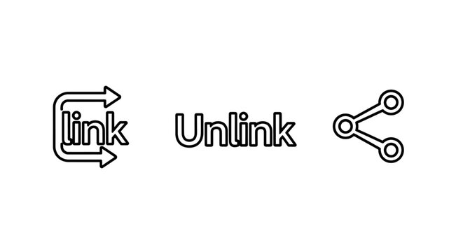 Icon collection representing link and unlink actions for digital connectivity and network sharing connections with connection connectivity internet communication interaction transfer hyperlink