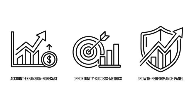 Set of three business performance and growth icons featuring financial bar charts and target goals business performance financial strategy marketing planning investment corporate statistics