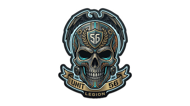 Futuristic Cyber Skull Badge with Mechanical Details and Winged Crest