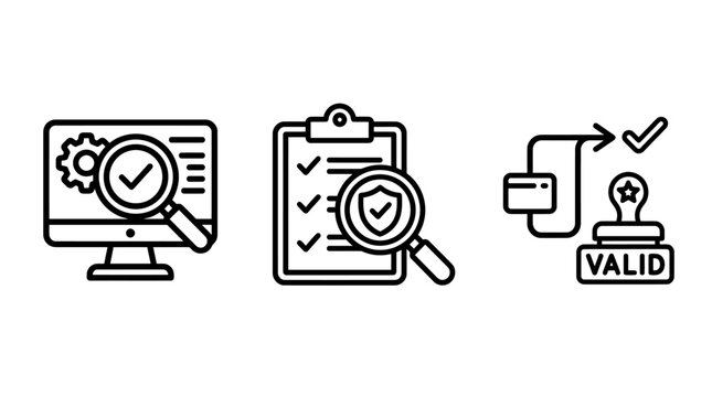 Technical audit and security verification validation stamp icons with security validation verification technical monitoring checklist computer management compliance protection analysis