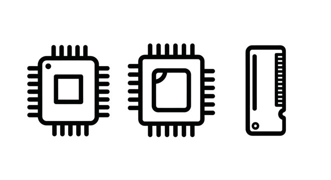 Collection of computer processor chip and ram memory module icons for electronic hardware with processor hardware computer electronic component technology semiconductor motherboard microchip