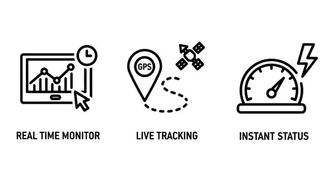 Real-time monitoring and tracking system concept icons with monitoring tracking performance analytics dashboard realtime satellite location measurement business management indicators