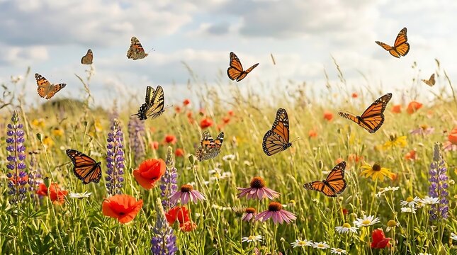 Butterflies flying over a vibrant wildflower meadow in sunlight