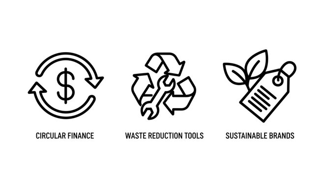 Circular finance and sustainable business practices icon set with eco friendly circular reduction sustainable recycling environment business sustainability management resource efficiency