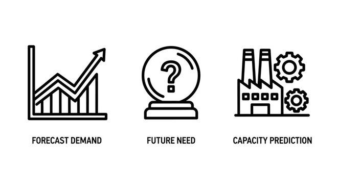 Forecast demand future needs and capacity prediction icons with forecast capacity prediction manufacturing industry business planning analysis strategy development operational production