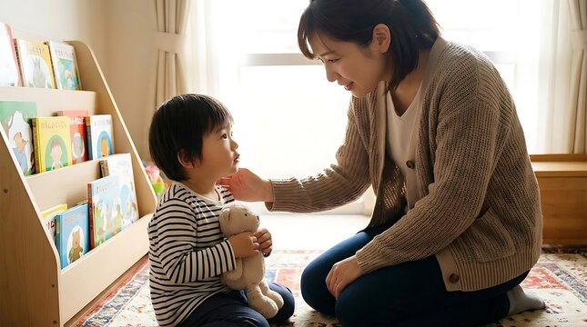 Caring adult talking gently to a young child holding a stuffed toy
