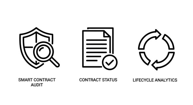 Smart contract audit contract status lifecycle analytics line icons for blockchain legal business processes with line icon web design icon set contract lifecycle analytics blockchain business