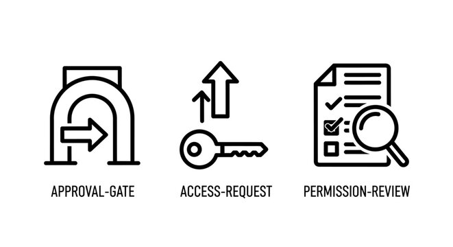Set of business workflow icons representing approval access permissions with approval permissions magnifying document checklist security workflow authorization business management protocol
