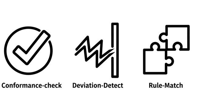 Set of quality control and logic compliance icons showing checkmark validation deviation detection rule matching with validation compliance detection analysis assessment business workflow