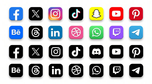 Social media icons pack with Facebook, Instagram, X Twitter, TikTok, YouTube, Pinterest, LinkedIn, WhatsApp, Telegram, Twitch, Discord and Snapchat logos in colored and black dark mode UI styles