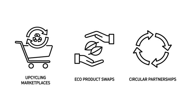 Sustainability and circular economy icons for upcycling marketplaces and eco product swaps with sustainability circular upcycling partnership environment recycling shopping marketplace