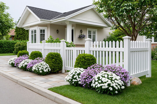 Residential house with white picket fence and landscaped garden