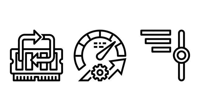 System performance optimization and ram memory management icons with performance optimization speedometer settings hardware computer configuration efficiency processing computing capacity