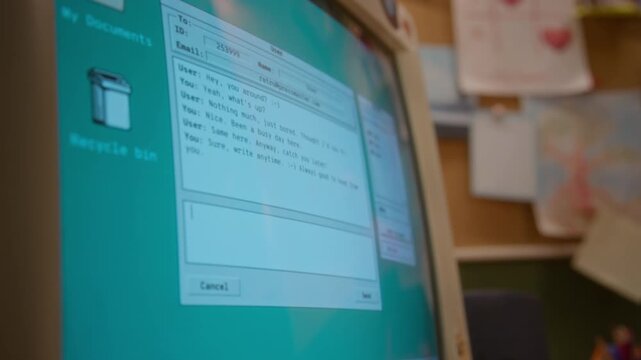 Retro computer monitor displaying instant messaging chat client with text being typed in real time. Perfect for nostalgic marketing campaigns or documentaries about early internet culture