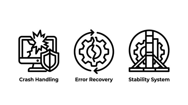 It system reliability and technical safety icons set with handling recovery stability software security protection maintenance development technology computer technical debugging solution