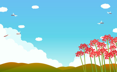赤い彼岸花と秋の風景の背景イラスト2_横 © Peco