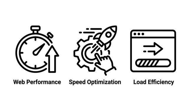 Web performance and website speed optimization icons with stopwatch performance optimization efficiency internet acceleration development technical software technology responsive experience