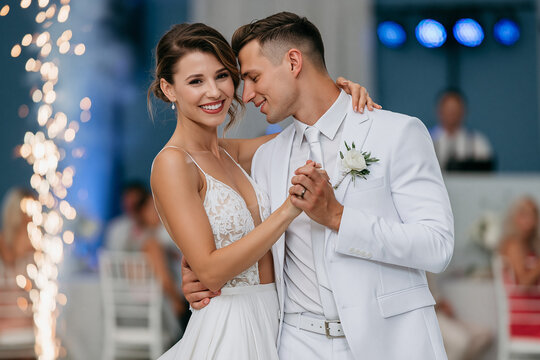 Wedding couple first dancing at reception celebration