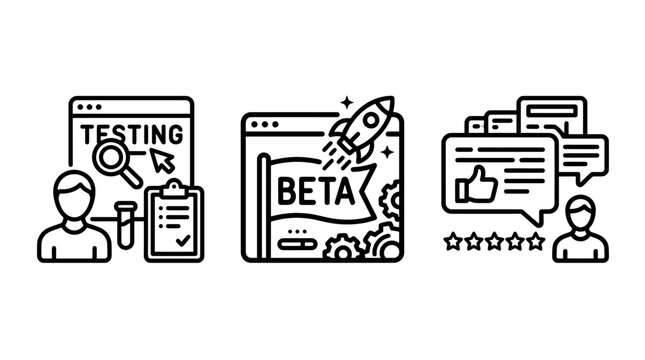 Software testing and user feedback icons set with software feedback development assurance application evaluation satisfaction research debugging optimization technology deployment analysis