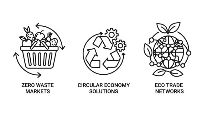 Sustainability and circular economy concepts icons set featuring zero waste markets circular economy solutions and eco trade networks sustainability circular environment business recycling