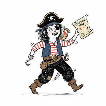 Happy cartoon pirate kid with eye patch hook and parrot on shoulder holding a treasure map and running to find gold.