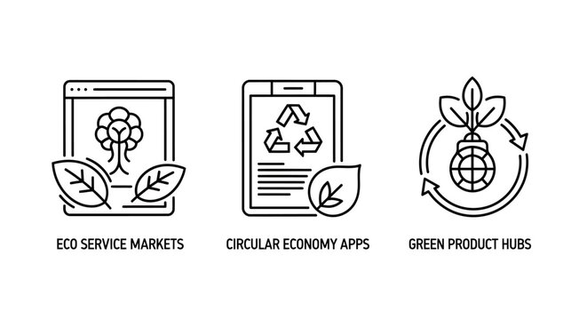 Eco friendly digital service and circular economy business model icons with friendly circular sustainability business environment application recycling sustainable technology development