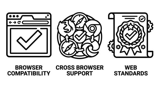 Web browser compatibility and standard compliance icons with compatibility standards internet development validation technology compliance software optimization interface programming
