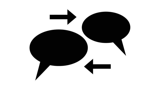Two black speech bubbles with opposing arrows indicating conversation or data exchange