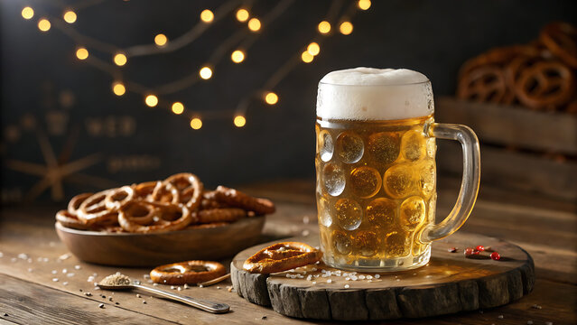 Cold glass of beer with thick foam head and traditional German pretzels on a rustic wooden table with bokeh lights background