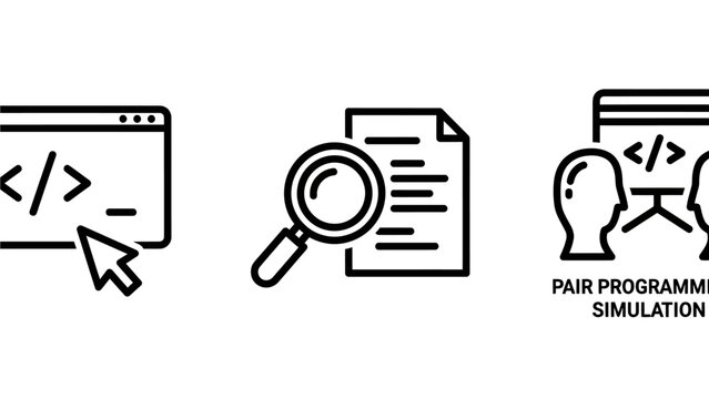 Software development workflow icons including coding interface and pair programming with programming software development interface teamwork document magnifying technology computer developer