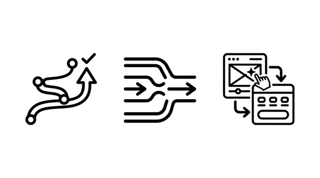 Set of optimization and interactive design process icons with interface optimization interactive workflow development experience business management planning strategy software navigation