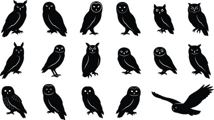 Fototapeta premium Collection of various owl silhouettes in different poses.