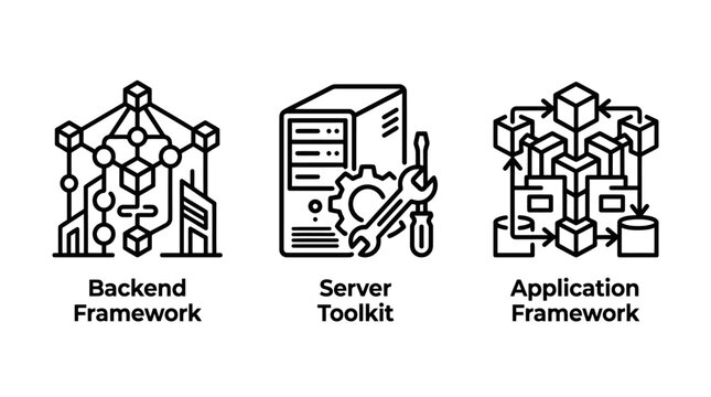 It infrastructure icons featuring backend framework server toolkit application framework application infrastructure software development architecture programming database computing