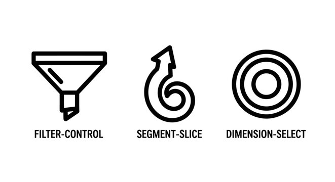Data management icons representing filter control segment slice dimension select with dimension analysis management statistics information organization categorization database interface