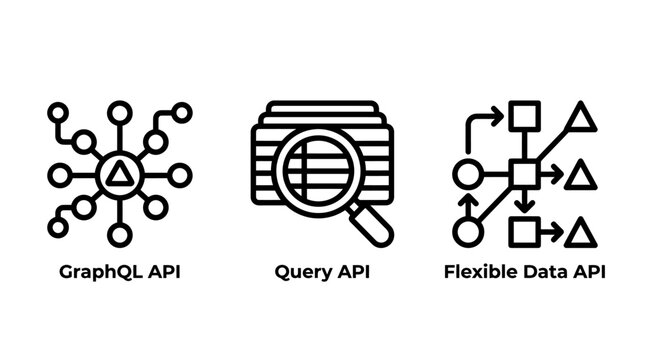 Graph ql and data query api architecture concept icons with flexible programming database structure information software development interface technical engineering fetching architecture