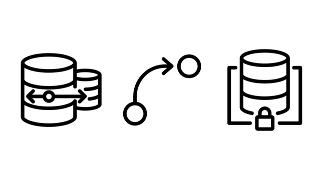 Data management and security operations icon set with database security encryption migration protection transfer infographic computing technology management cybersecurity information