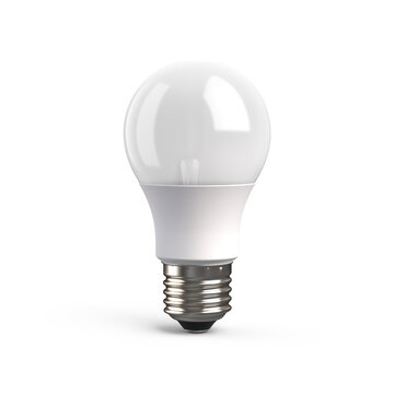 A white LED light bulb stands on a png transparent. The bulb is a standard A19 shape with a clear glass cover and a silver metal base.