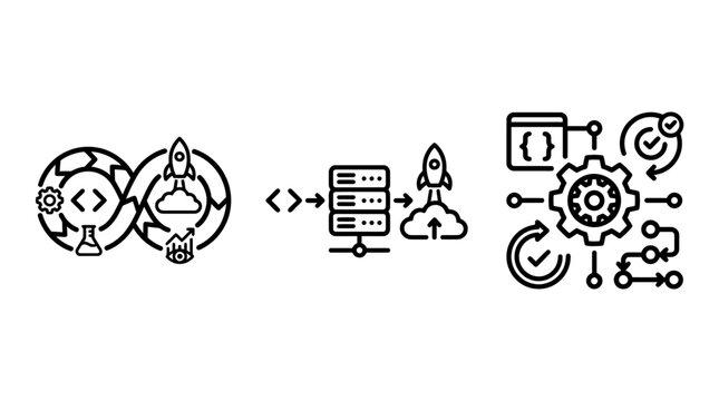 Dev ops process and software development lifecycle icons with software development lifecycle deployment automation pipeline continuous integration delivery infrastructure programming