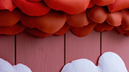 Fototapeta premium Layered paper craft clouds on a maroon wooden plank wall with a tactile and scholarly mood for product showcase and creative backdrops
