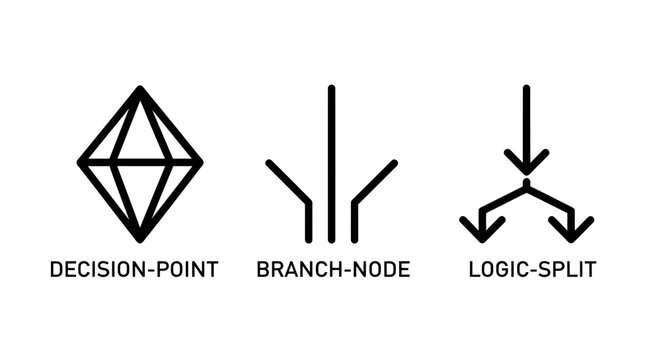 Logic flow diagramming icons set for decision making with decision analysis strategy planning business management information operation structured directional development complexity