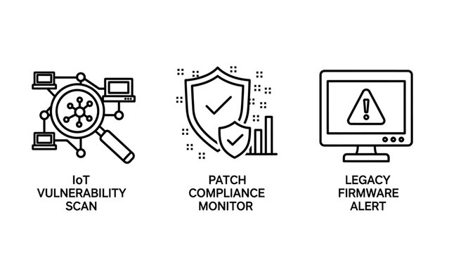 Cybersecurity monitoring and network vulnerability icons with cybersecurity monitoring vulnerability compliance firmware protection computer security management software technical business